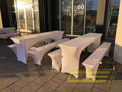 Festzeltgarnituren, Bierzeltgarnituren mit Hussen mieten